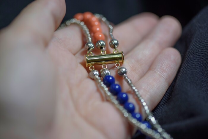 Collar "Blue Tangerine" made of orange-blue Swarovski beads back clasp