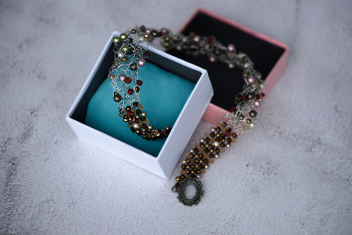 Necklace «Princes» Crochet with Sterling Silver wire and Swarovski Beads in crafted box