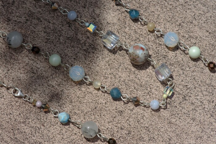 Necklace "Caribbean Sands" Larimar, Agate and Swarovski Beads Wirework close up