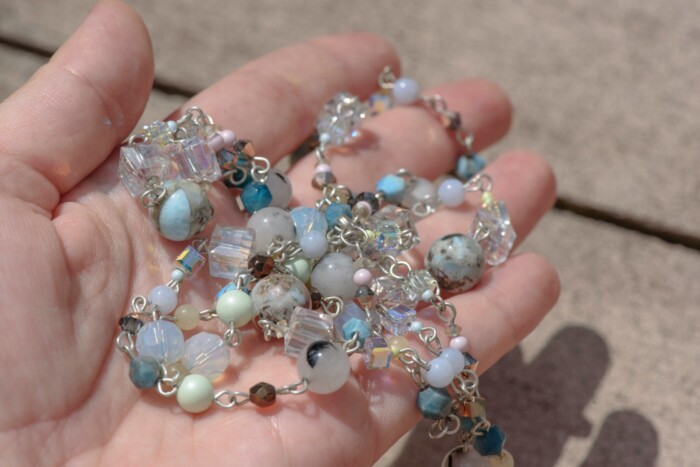 Necklace "Caribbean Sands" Larimar, Agate and Swarovski Beads Wirework under sun