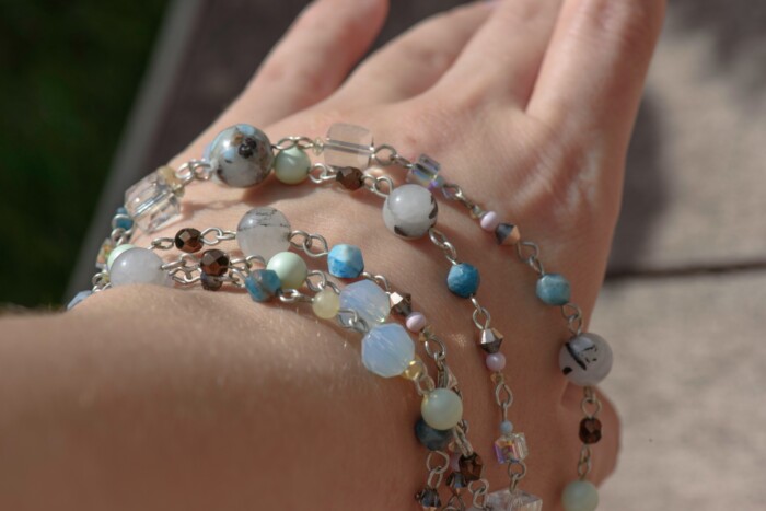 Necklace "Caribbean Sands" Larimar, Agate and Swarovski Beads Wirework on hand